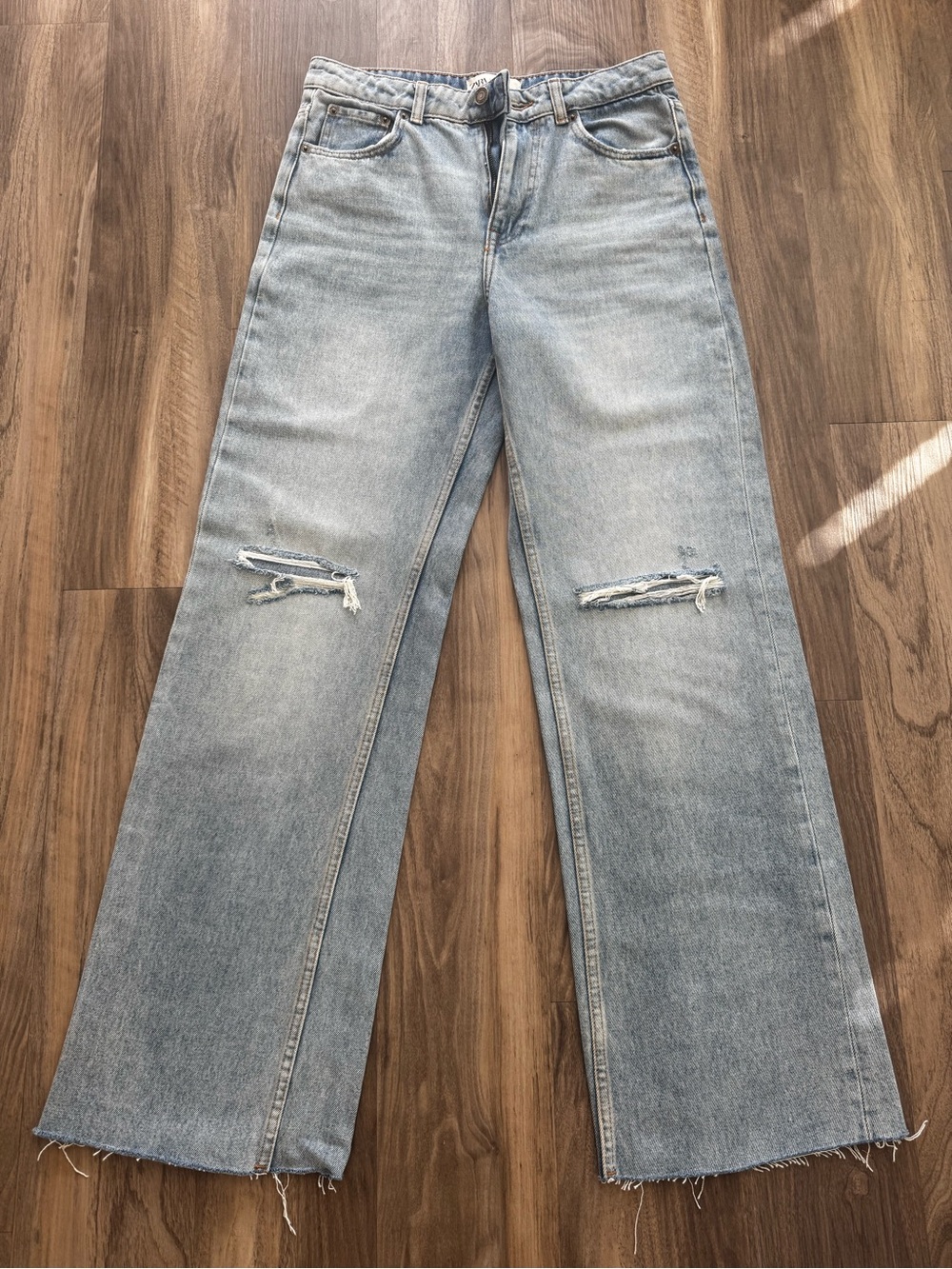 Zara Light Blue Distressed Wide-Leg Jeans